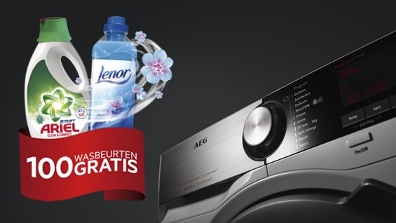 Afbeelding van een wasmachine met wasverzachter van Lenor en wasmiddel van Ariel