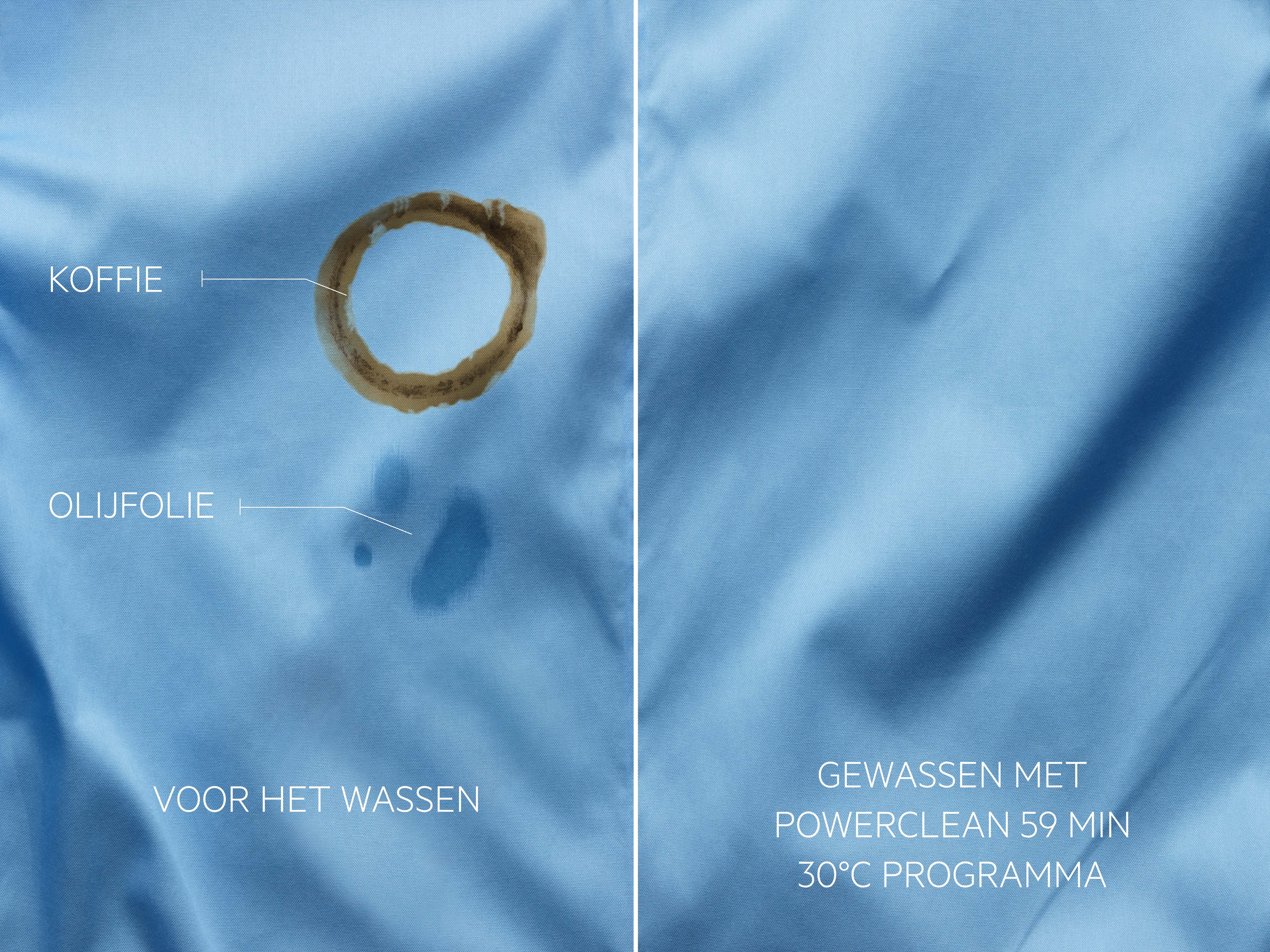 Kledij met vlekken zoals koffie en olijfolie gewassen met en zonder PowerClean programma van AEG