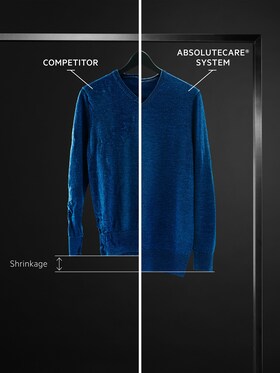 Een vergelijking tussen twee wollen truien die zijn gekrompen en een trui die niet is gekrompen vanwege AEG's AbsoluteCare® System