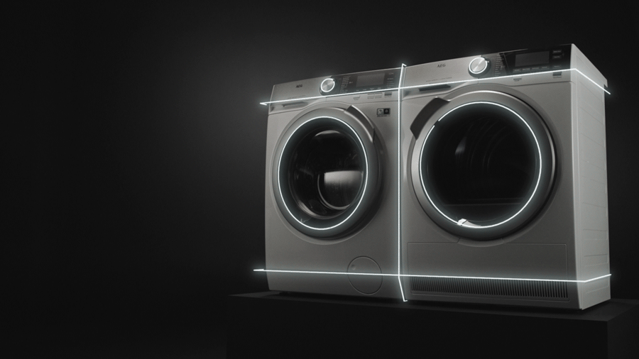 Een animatie laat de aanvullende specifieke kenmerken van de nieuwe wasmachine en droger zien