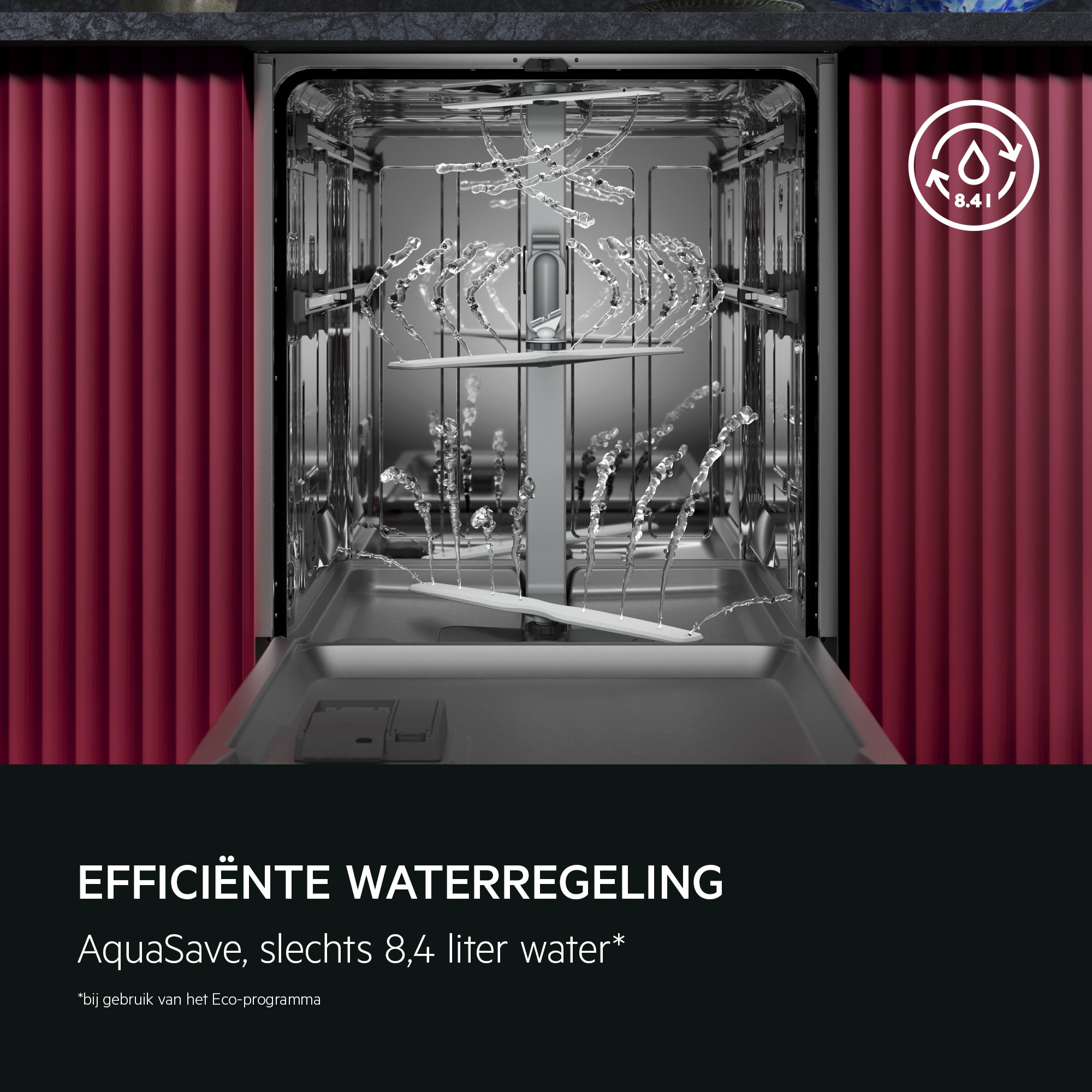 EFFICIËNTE WATERREGELING
           
            AquaSave, slechts 8,4 liter water*
          