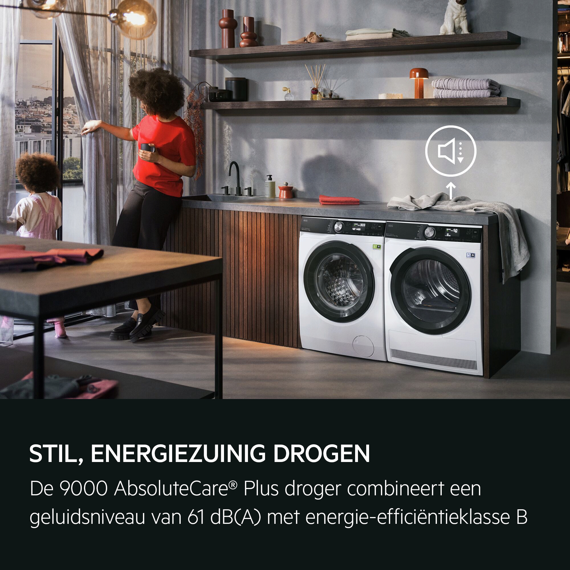Quiet, energy-efficient drying.
Series 9000 AbsoluteCare® Plus combines a 61 dB noise level with B-Class energy rating.