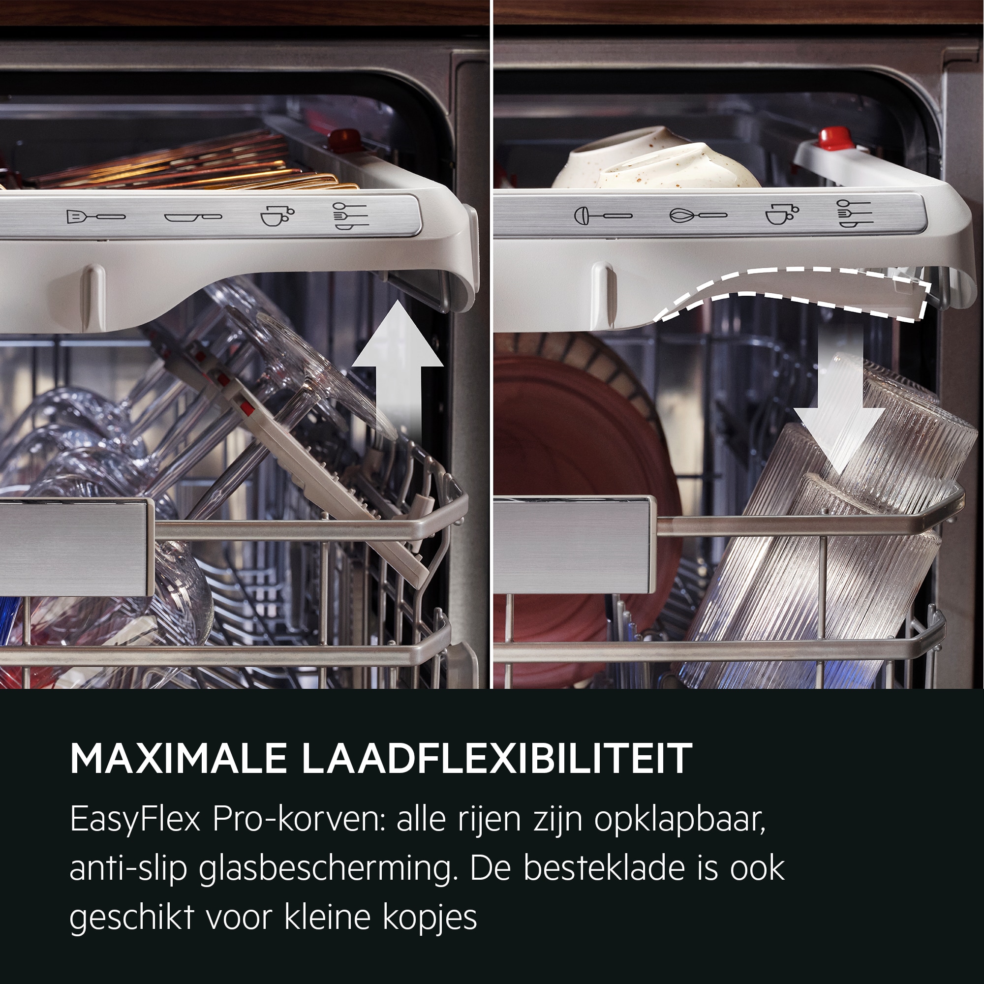 MAXIMALE LAADFLEXIBILITEIT
           
            EasyFlex Pro-korven: alle rijen zijn opklapbaar, anti-slip glasbescherming.  De besteklade is ook geschikt voor kleine kopjes.