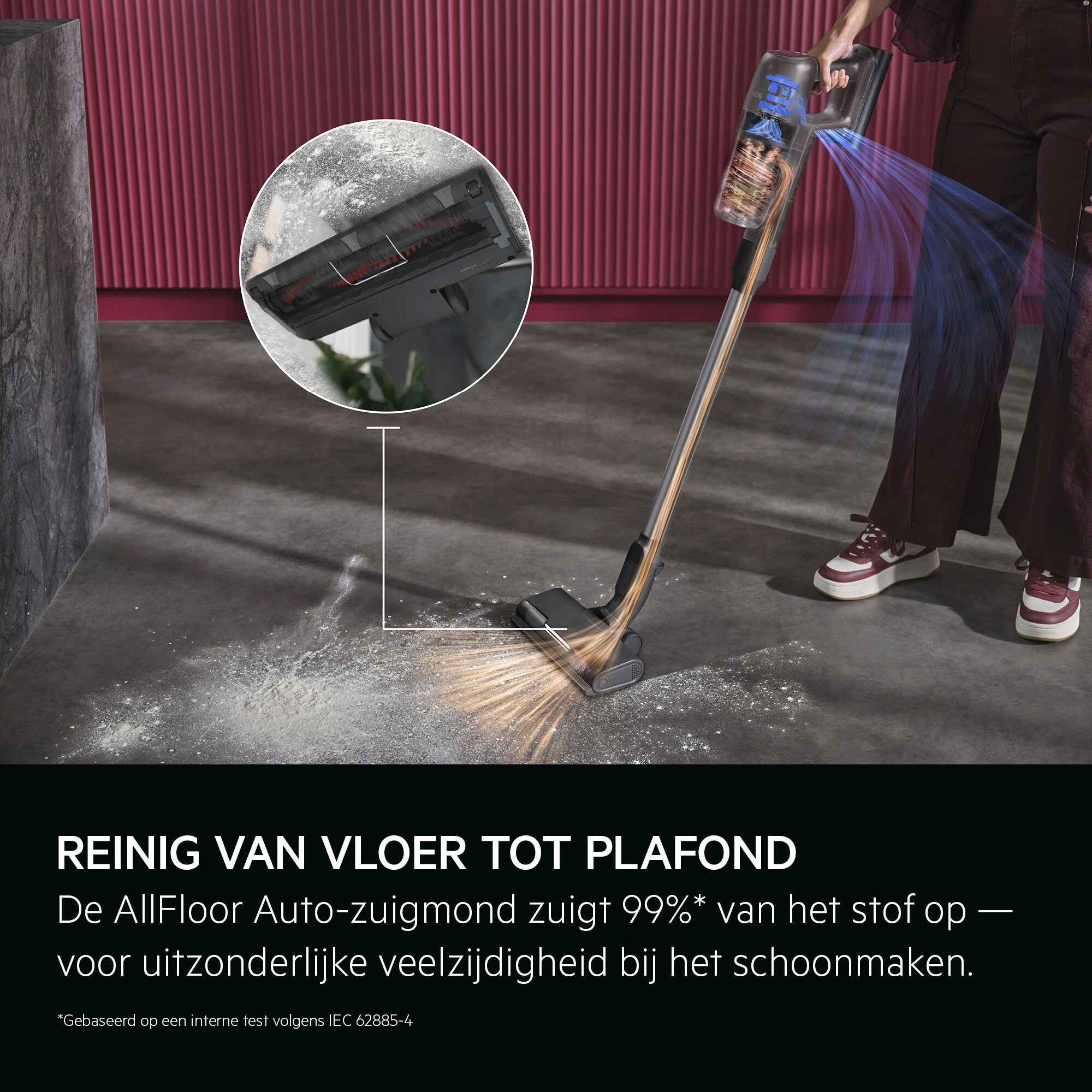 Reinig van vloer tot plafond De AllFloor Auto-zuigmond zuigt 99%* van het stof op — voor uitzonderlijke veelzijdigheid bij het schoonmaken. *Gebaseerd op een interne test volgens IEC 62885-4