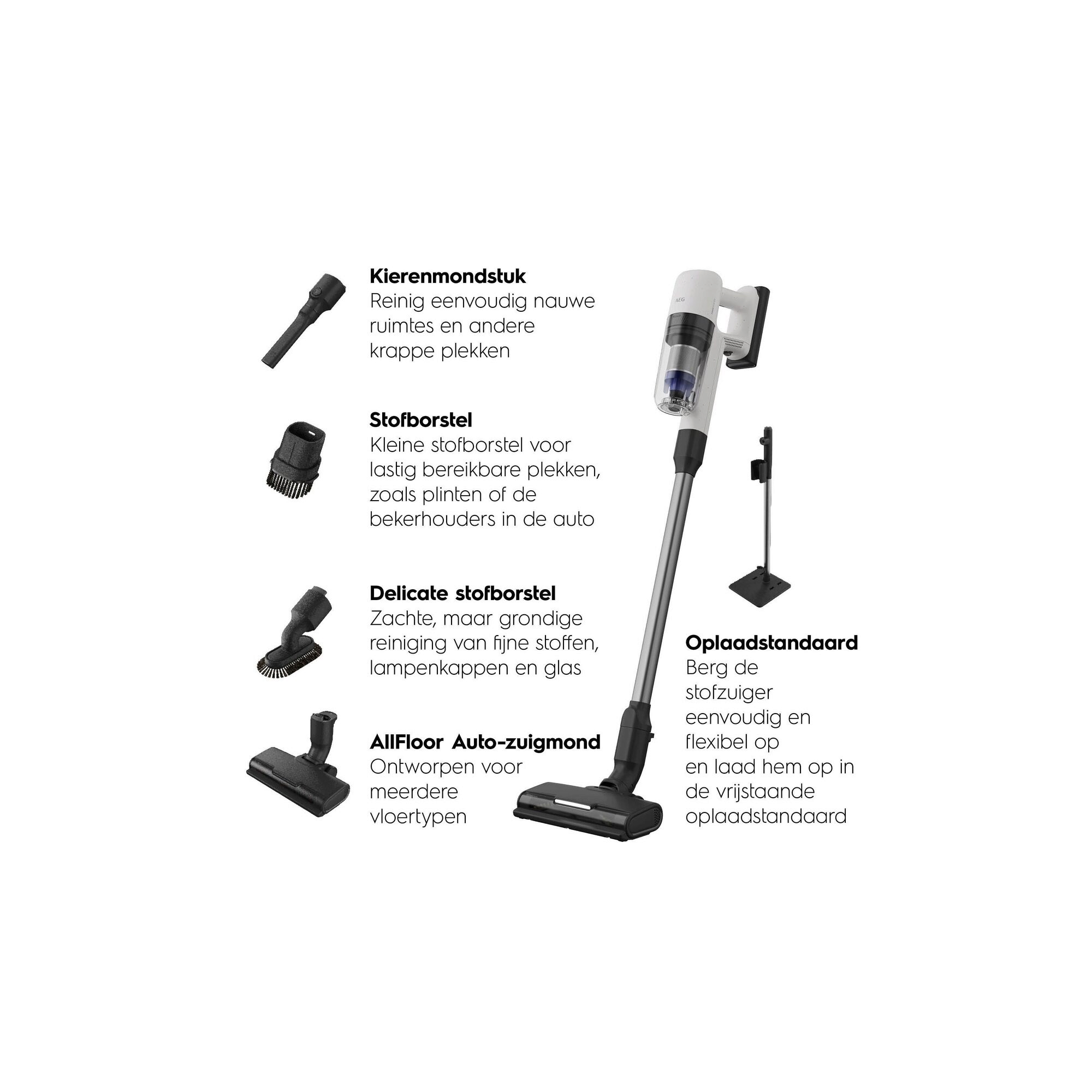 Kierenmondstuk Stofborstel Delicate stofborstel AllFloor Auto-zuigmond Oplaadstandaard Reinig eenvoudig nauwe ruimtesen andere krappe plekkenKleine stofborstel voorlastig bereikbare plekken, zoalsplinten of debekerhouders in de auto Zachte, maar grondige reinigingvan fijne stoffen, lampenkappenen glas Ontworpen voor meerderevloertypenBerg destofzuigereenvoudig enflexibel open laad hem op in de vrijstaandeoplaadstandaard