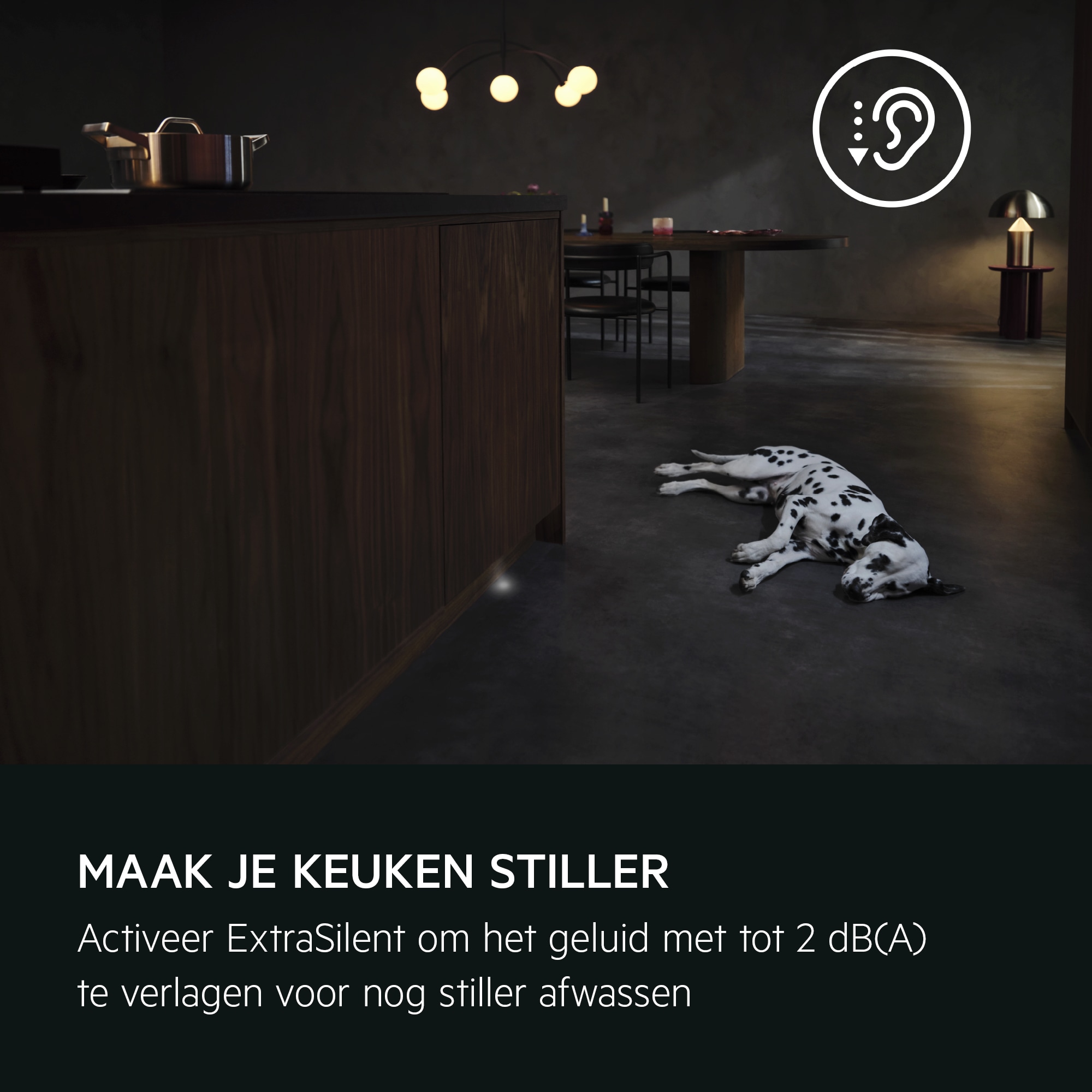MAAK JE KEUKEN STILLER
          
           
            
            Activeer ExtraSilent om het geluid met tot 2 dB(A) te verlagen voor nog stiller afwassen.
          
          