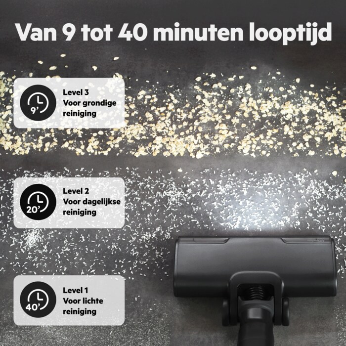 Van 9 ot 40 minuten looptijd      Level 3Voor grondigereiniging Level 2Voor dagelijksereiniging Level 1Voor lichtereiniging