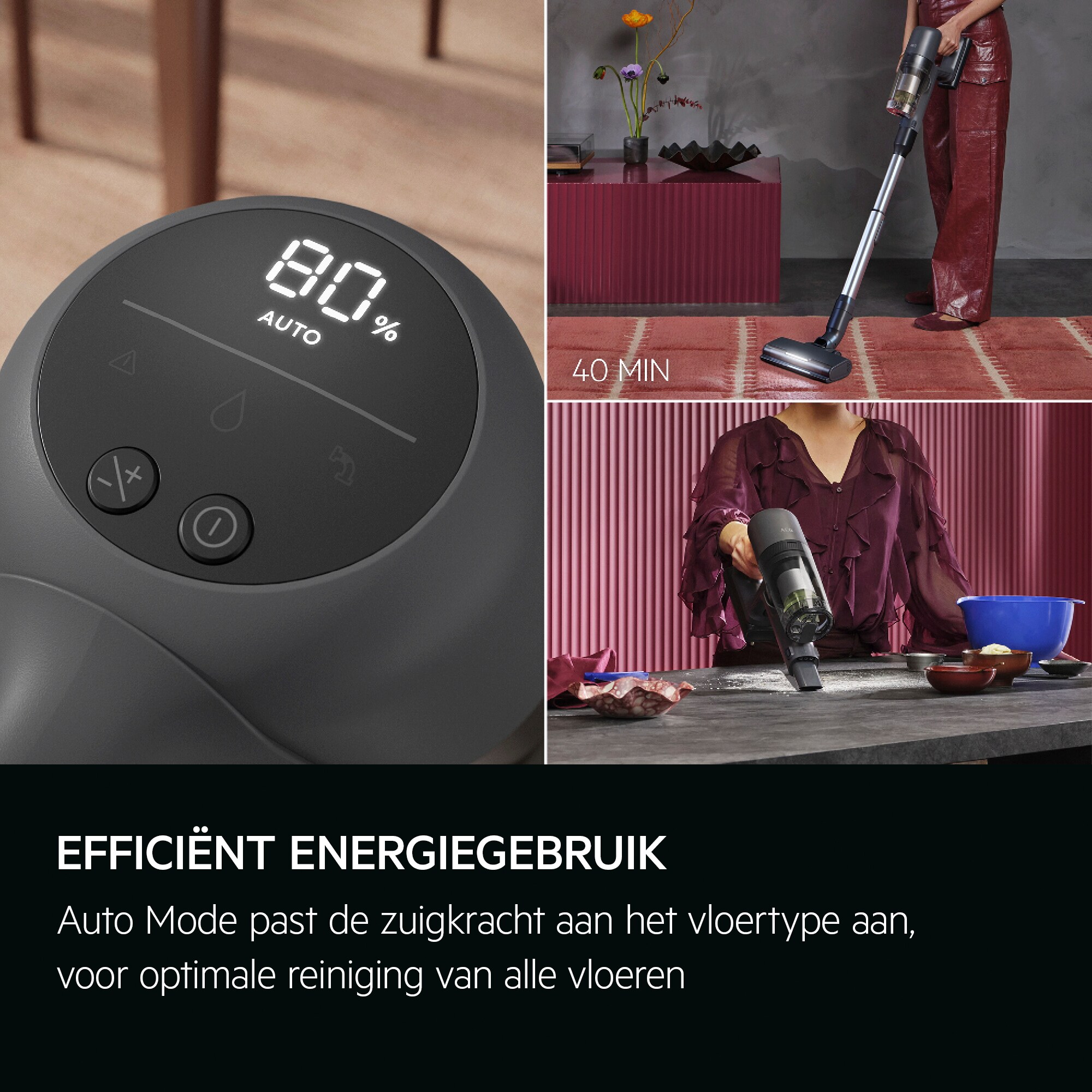 Efficiënt energiegebruik De Auto-modus past de zuigkracht aan het vloertype aan, voor optimale reiniging van alle vloeren