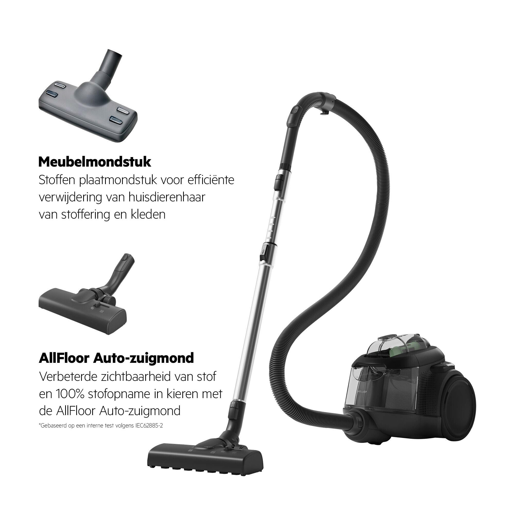 Meubelmondstuk Stoffen plaatmondstuk voor efficiënte verwijdering van huisdierenhaar van stoffering en kleden AllFloor Auto-zuigmond Verbeterde zichtbaarheid van stof en 100% stofopname in kieren met de AllFloor Auto-zuigmond *Gebaseerd op een interne test volgens IEC62885-2