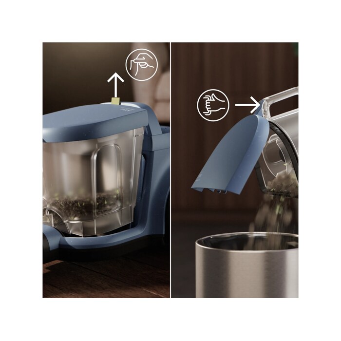 Vacuum cleaner with 2L dustbin designed for easy, spill-free emptying.
