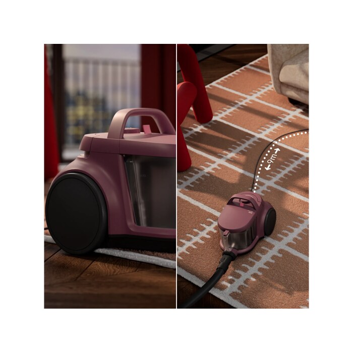 Easy to move, Easy to store, Big wheels and 9m cord for high mobility. Compact for easy storage