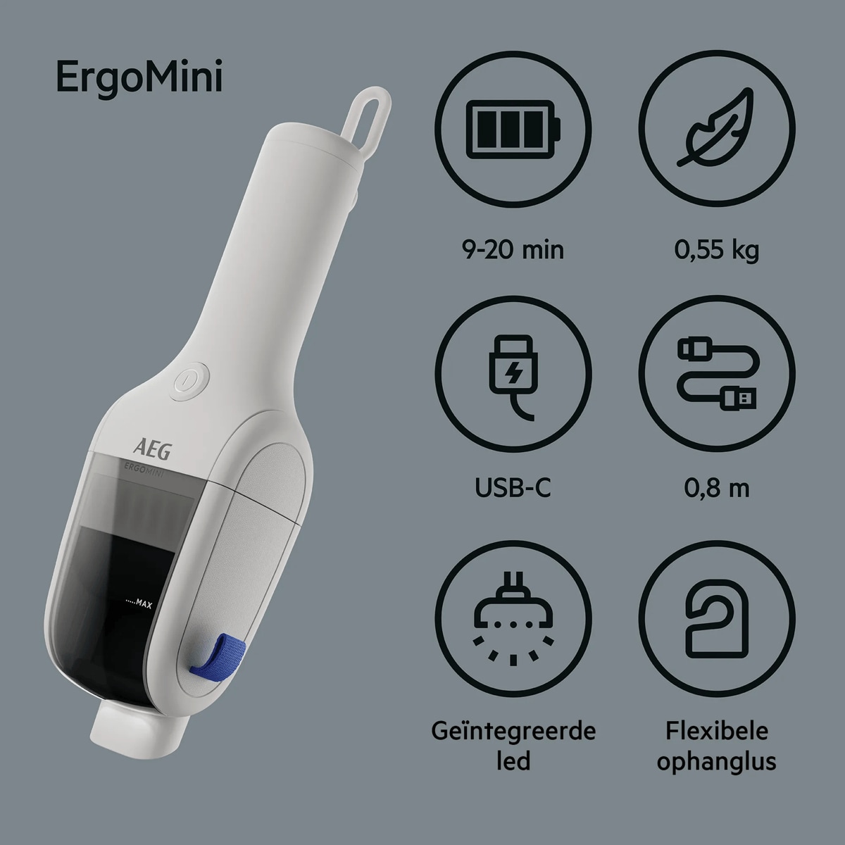 ErgoMini 9-20 min USB-C Geïntegreerde led 0,55 kg 0,8 m Flexibele ophanglus
