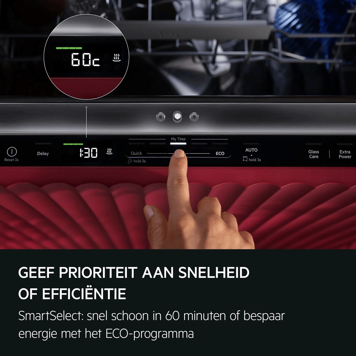 GEEF PRIORITEIT AAN SNELHEID OF EFFICIËNTIE SmartSelect: snel schoon in 60 minuten of bespaar energie met het ECO-programma