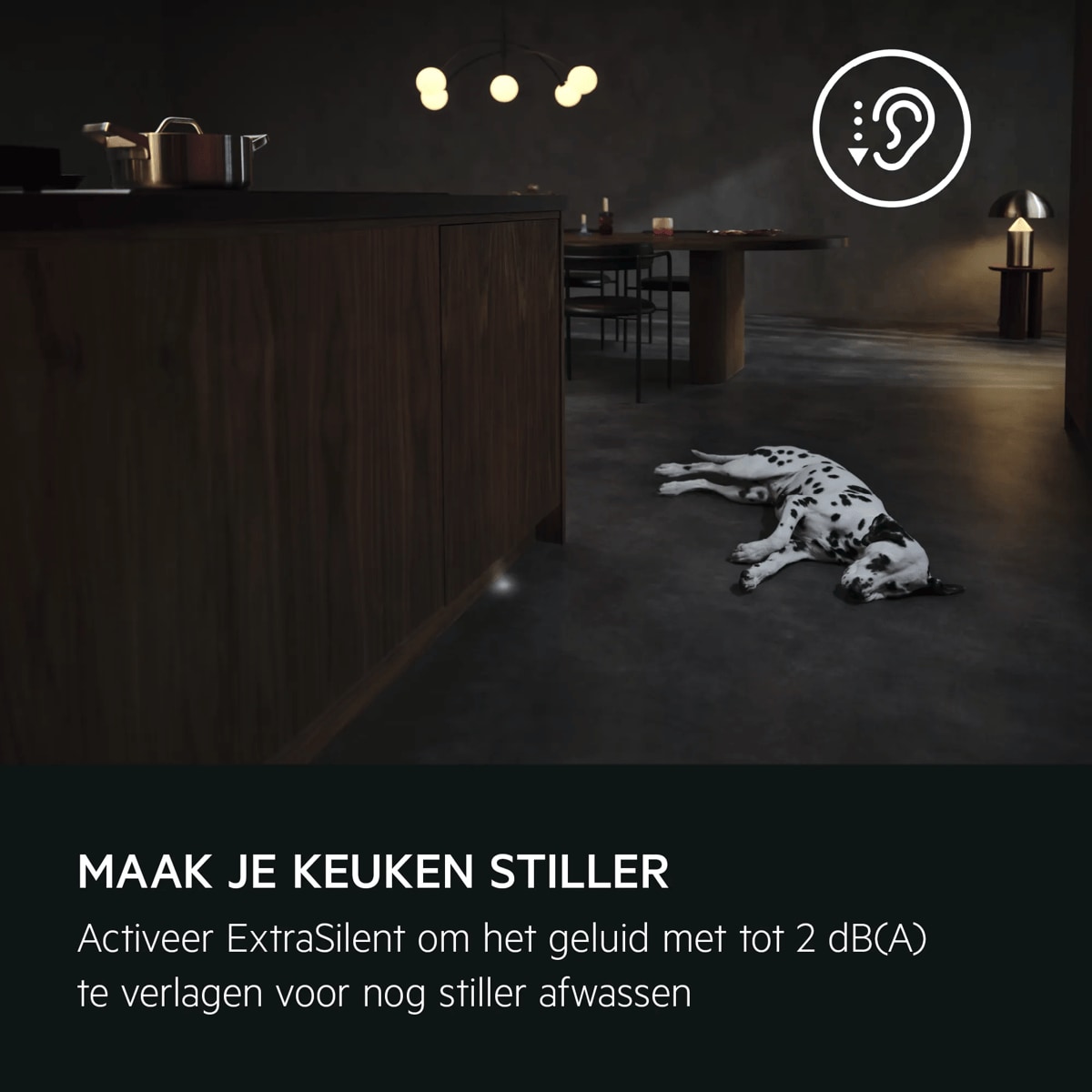 MAAK JE KEUKEN STILLER
          
           
            
            Activeer ExtraSilent om het geluid met tot 2 dB(A) te verlagen voor nog stiller afwassen.
          
          