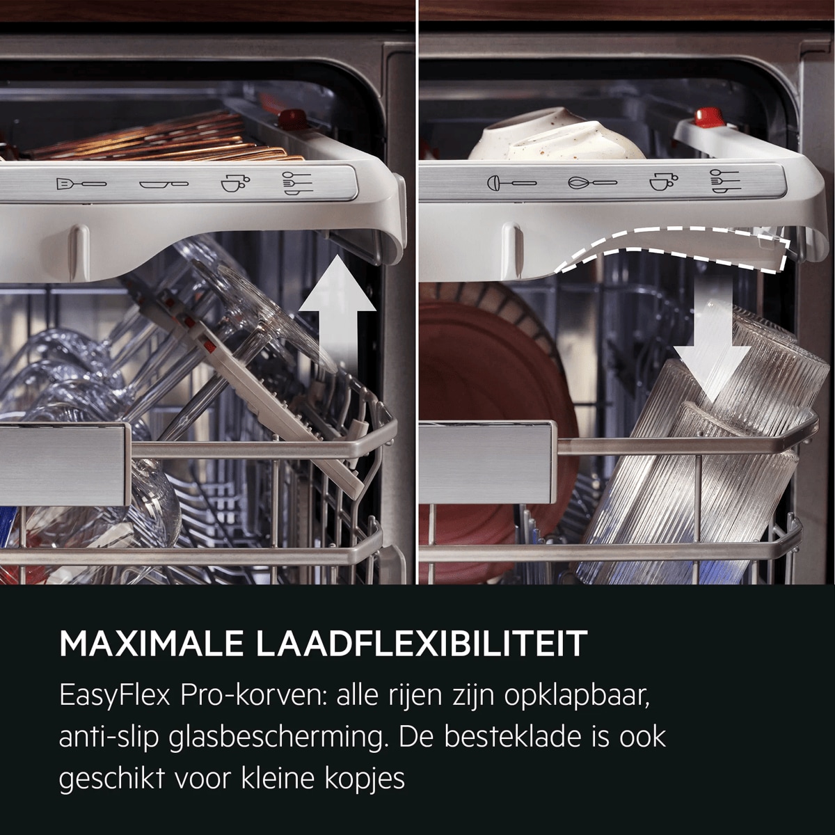 MAXIMALE LAADFLEXIBILITEIT
           
            EasyFlex Pro-korven: alle rijen zijn opklapbaar, anti-slip glasbescherming.  De besteklade is ook geschikt voor kleine kopjes.