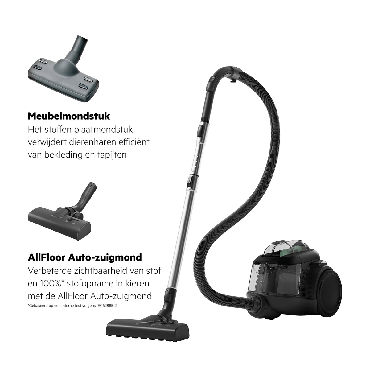 *Gebaseerd op een interne test volgens IEC62885-2 Meubelmondstuk Het stoffen plaatmondstuk verwijdert dierenharen efficiënt van bekleding en tapijten AllFloor Auto-zuigmond Verbeterde zichtbaarheid van stof en 100%* stofopname in kieren met de AllFloor Auto-zuigmond