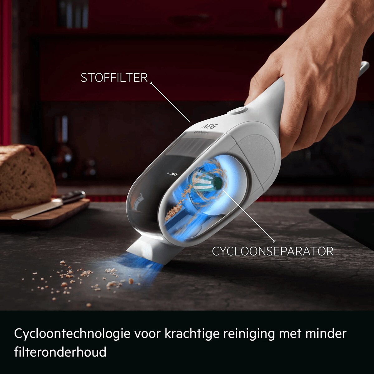 Cycloontechnologie voor krachtige reiniging met minder filteronderhoud     STOFFILTER CYCLOONSEPARATOR