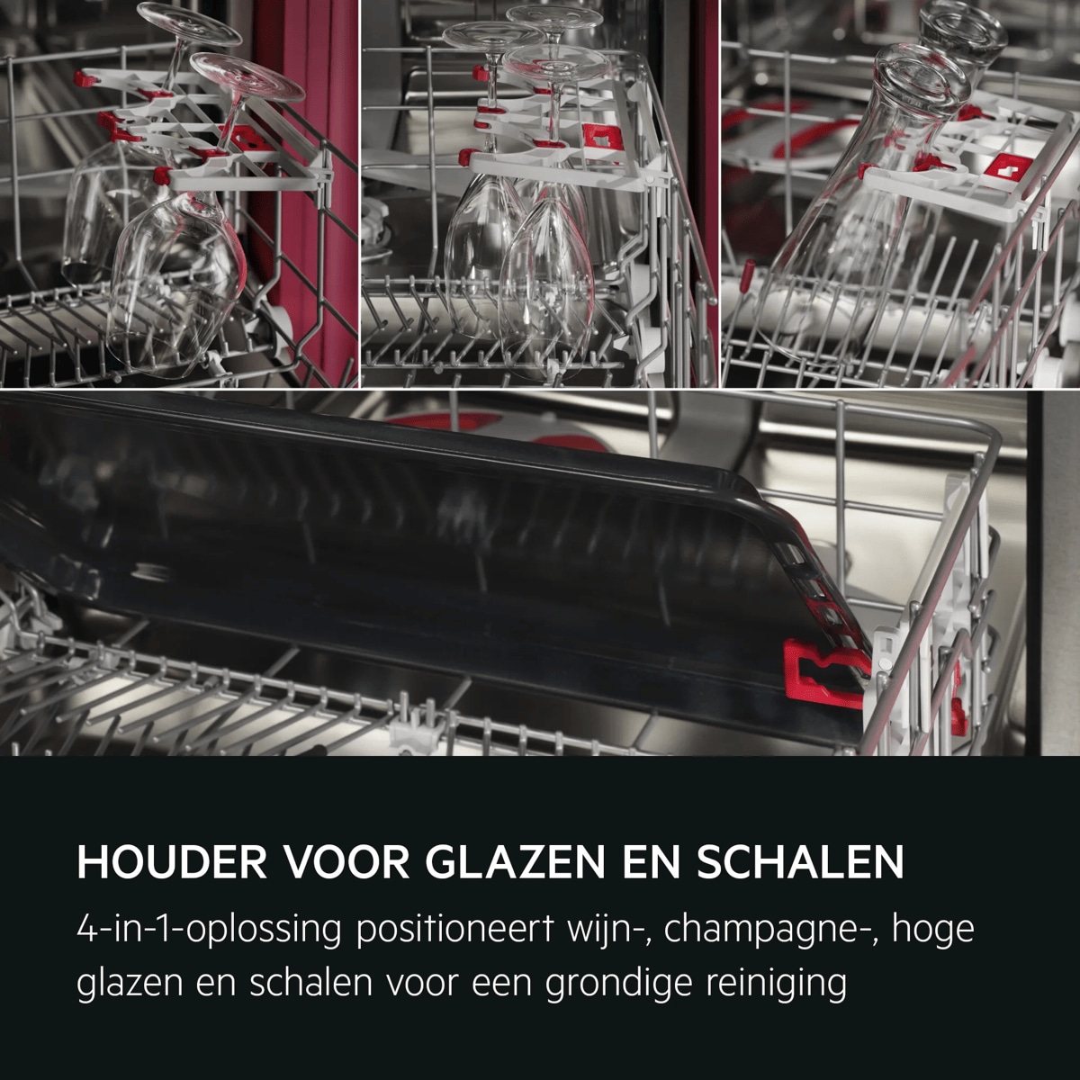 HOUDER VOOR GLAZEN EN SCHALEN
           
            4-in-1-oplossing positioneert wijn-, champagne- of hoge glazen of schalen voor een grondige reiniging.
          