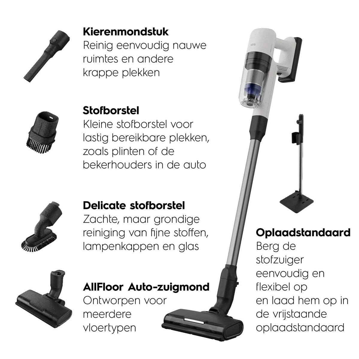 Kierenmondstuk Stofborstel Delicate stofborstel AllFloor Auto-zuigmond Oplaadstandaard Reinig eenvoudig nauwe ruimtesen andere krappe plekkenKleine stofborstel voorlastig bereikbare plekken, zoalsplinten of debekerhouders in de auto Zachte, maar grondige reinigingvan fijne stoffen, lampenkappenen glas Ontworpen voor meerderevloertypenBerg destofzuigereenvoudig enflexibel open laad hem op in de vrijstaandeoplaadstandaard