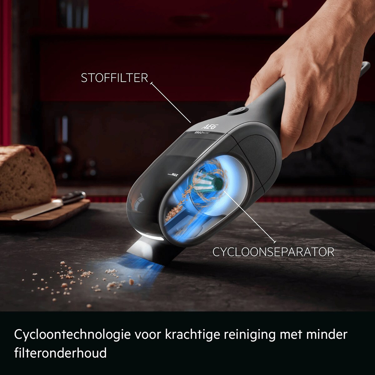 Cycloontechnologie voor krachtige reiniging met minder filteronderhoud     STOFFILTER CYCLOONSEPARATOR