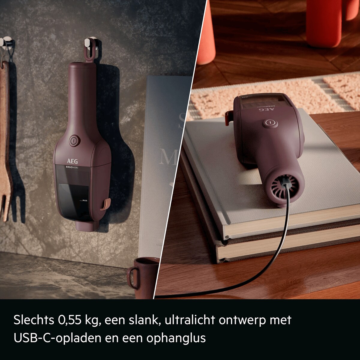 Slechts 0,55 kg, een slank, ultralicht ontwerp met USB-C-opladen en een ophanglus