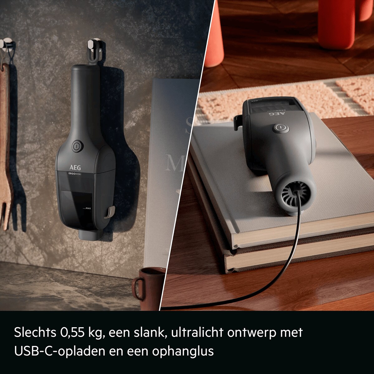 Slechts 0,55 kg, een slank, ultralicht ontwerp met USB-C-opladen en een ophanglus