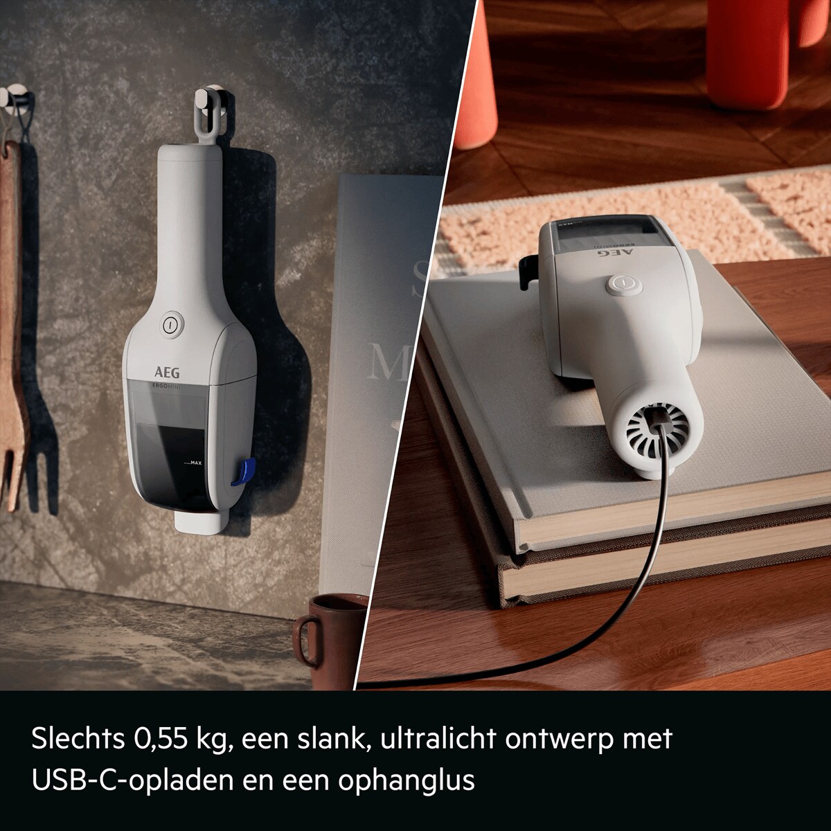 Slechts 0,55 kg, een slank, ultralicht ontwerp met USB-C-opladen en een ophanglus