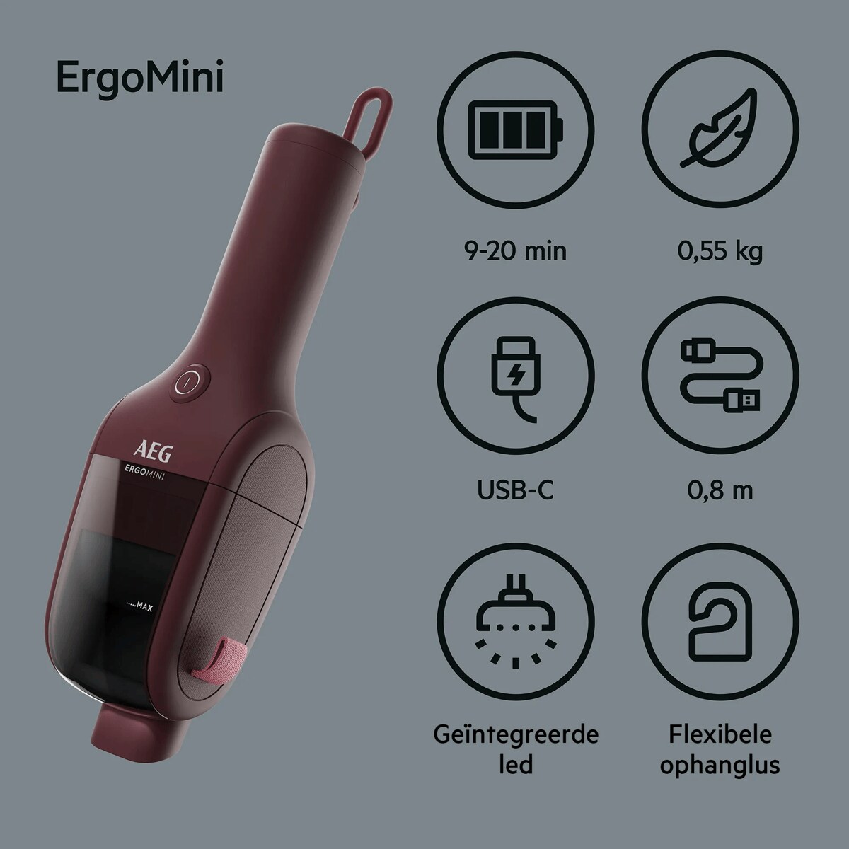 ErgoMini 9-20 min USB-C Geïntegreerde led 0,55 kg 0,8 m Flexibele ophanglus