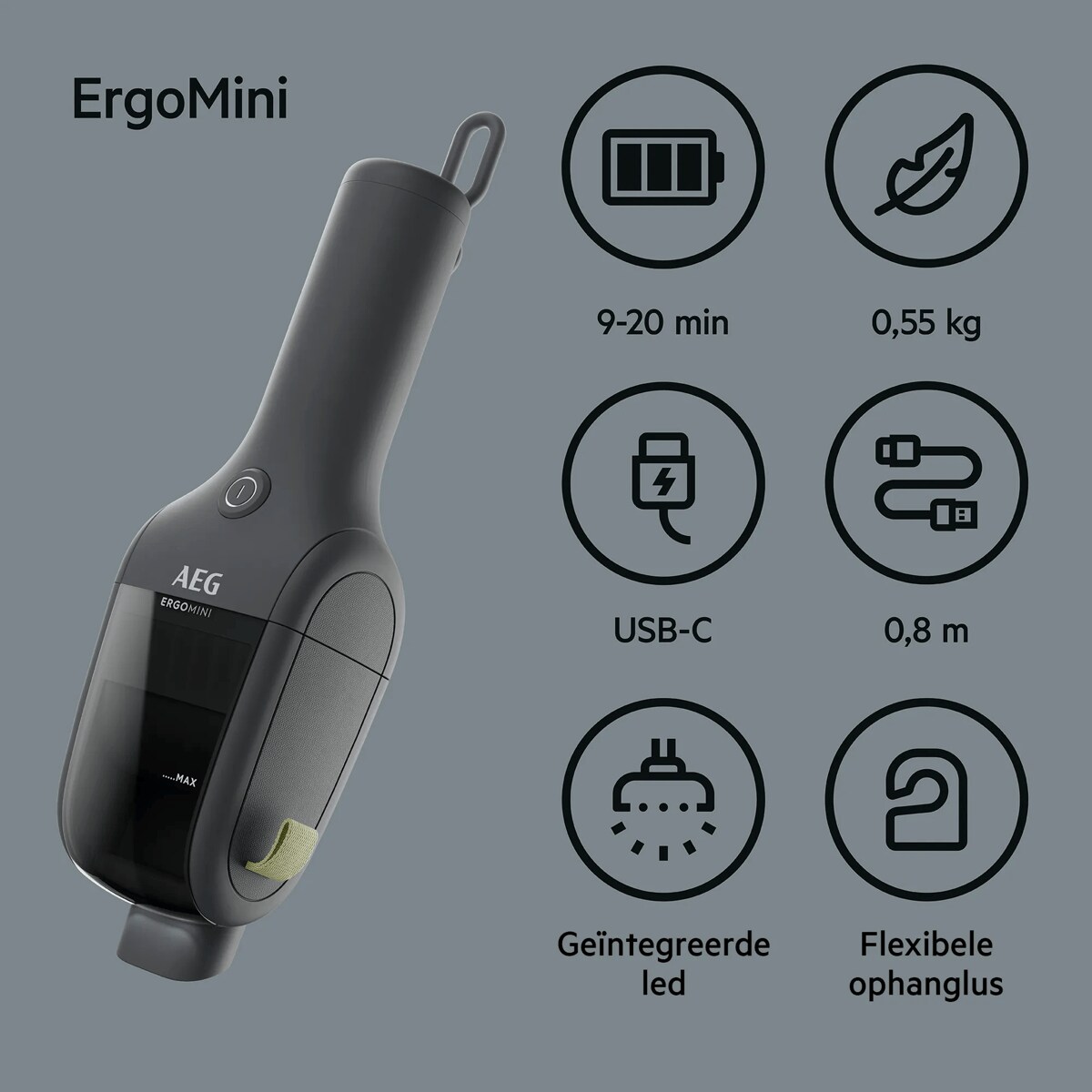 ErgoMini 9-20 min USB-C Geïntegreerde led 0,55 kg 0,8 m Flexibele ophanglus