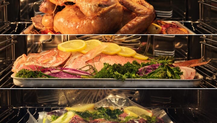 Eten wordt bereid in een oven.